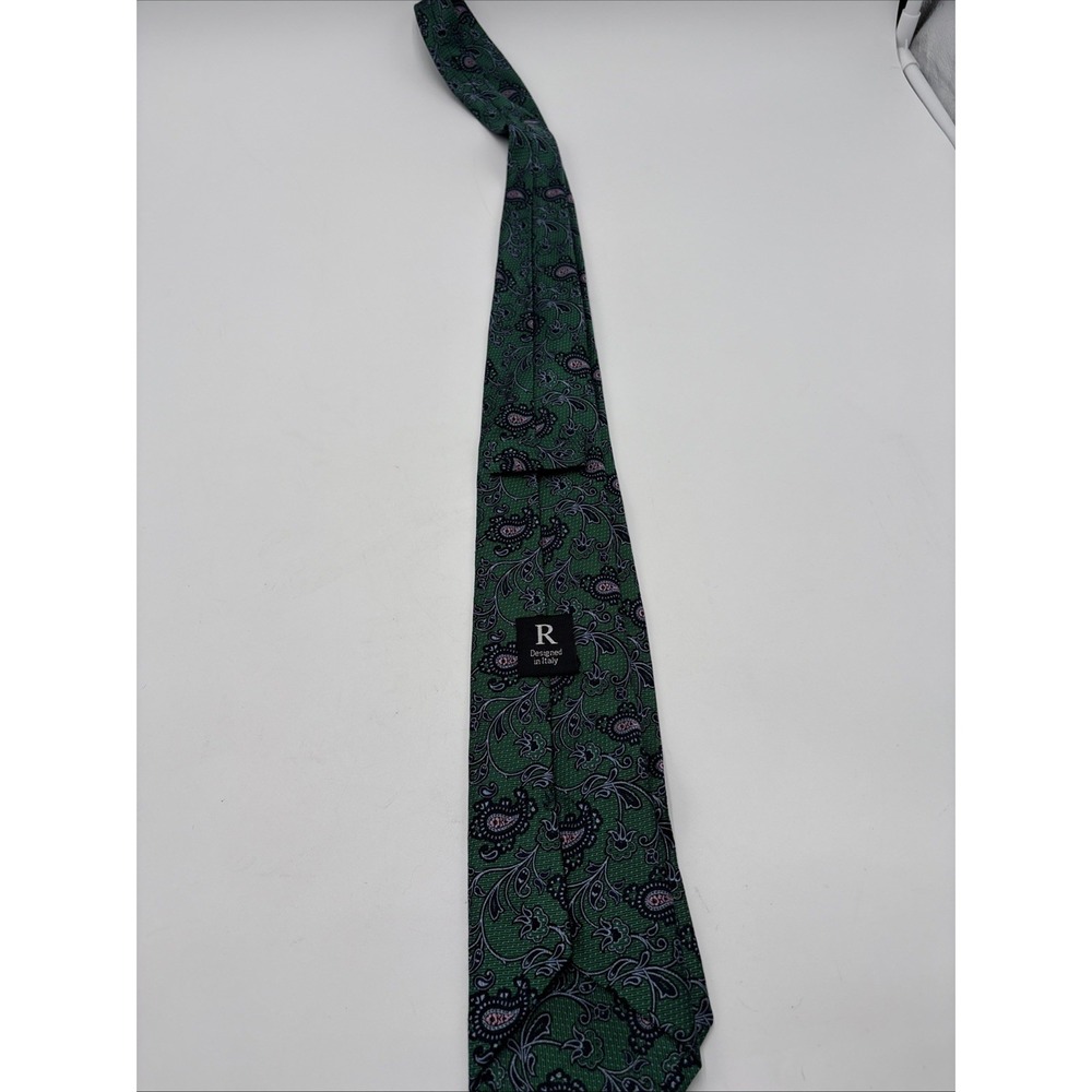 R Designed in Italy Green Paisley‎ 100% Silk Necktie Tie 60" By 3.5"